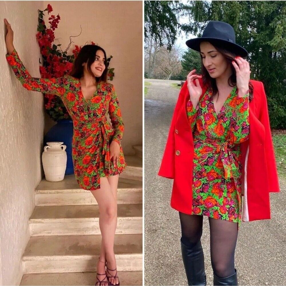 Zara Red Green Rose Floral Print Faux Wrap Long Sleeve Dress Size XS NWT